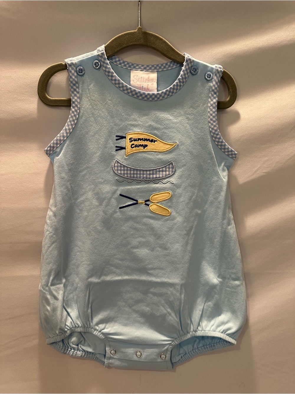 Summer Camp Light Blue Sleeveless Baby One-Piece by (unknown)